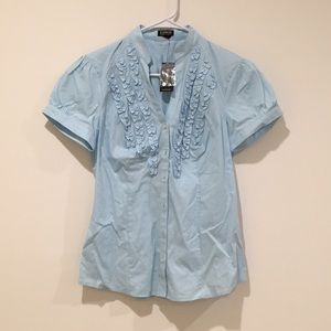 NWT EXPRESS Button Down ruffle V-neck shirt M blue